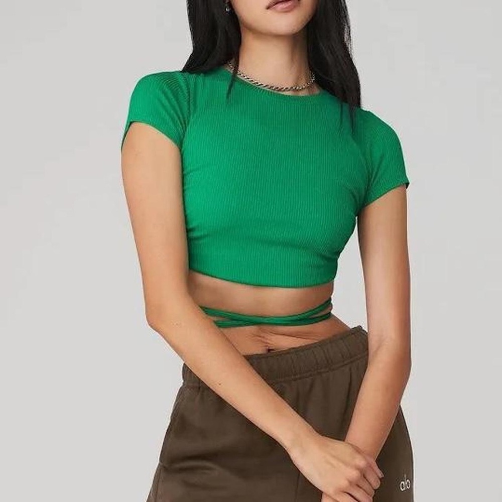 ALO Yoga Green Ribbed Wrap Crop Top